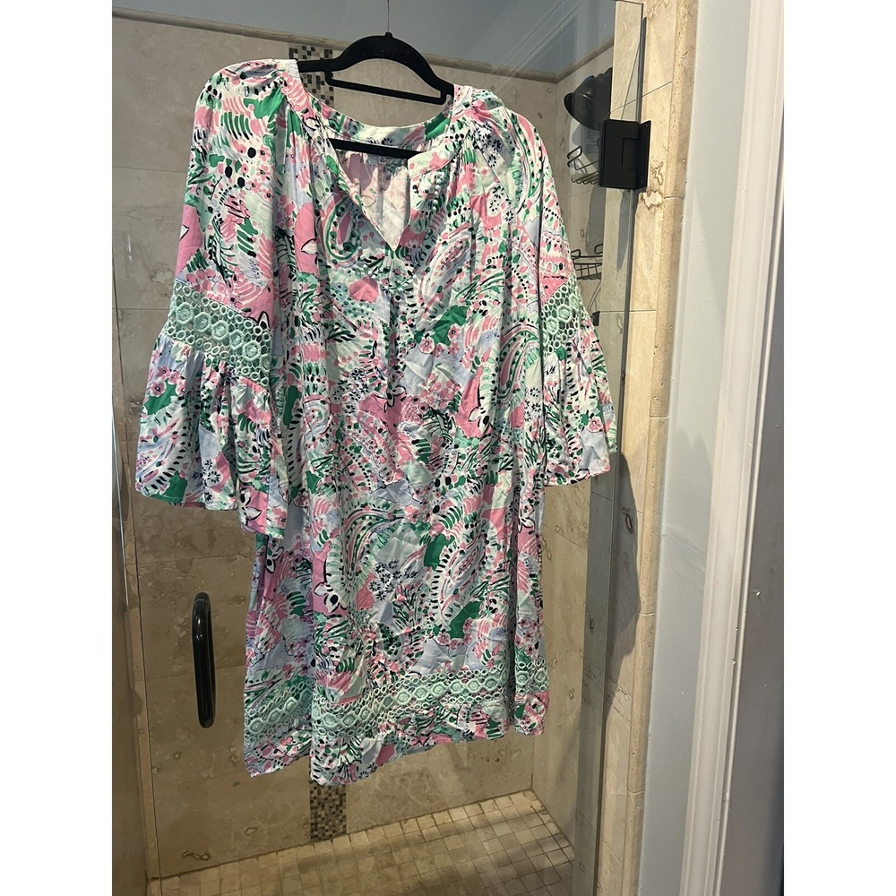 Crown & Ivy Floral Print 3/4 Bell Sleeve Embroidered Shift Dress XL Pink Green